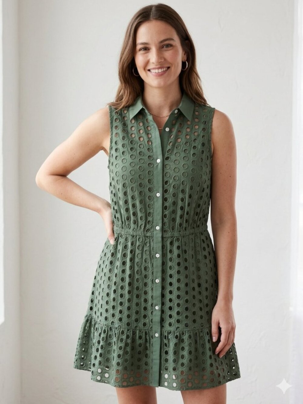 GAP Forest Green Eyelet Tiered Sleeveless Button-Front Mini Dress Size L
